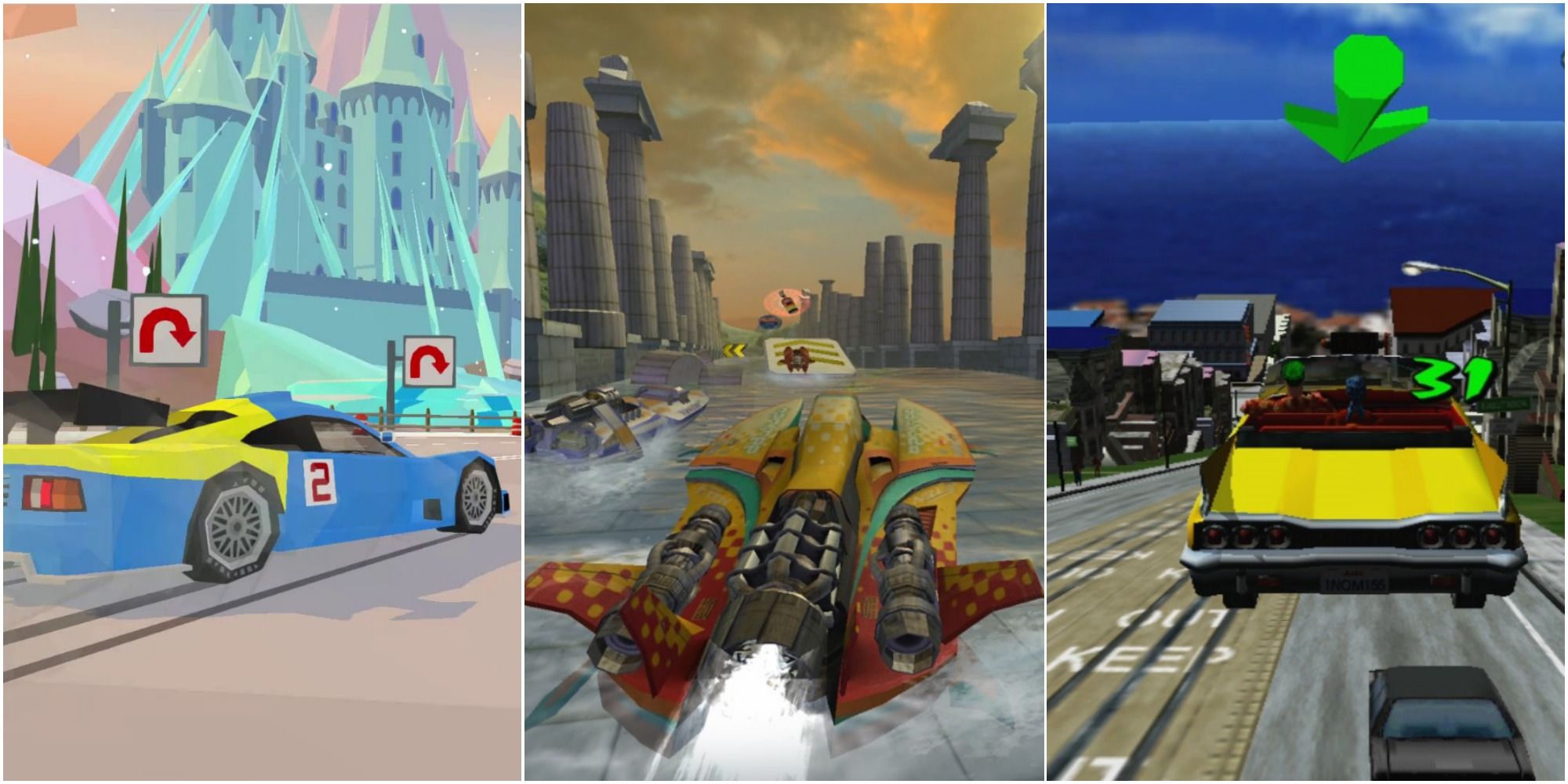 driving a sports car near ice castle, speedboar racing in hydro thunder hurricane, crazy taxi getting some air featured