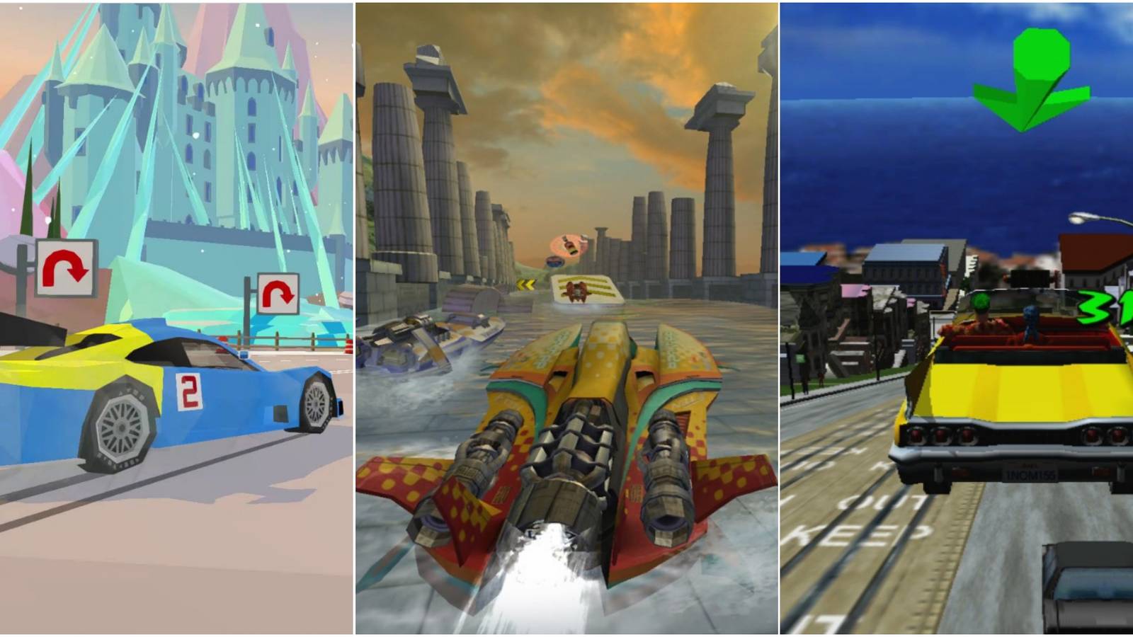 driving a sports car near ice castle, speedboar racing in hydro thunder hurricane, crazy taxi getting some air featured
