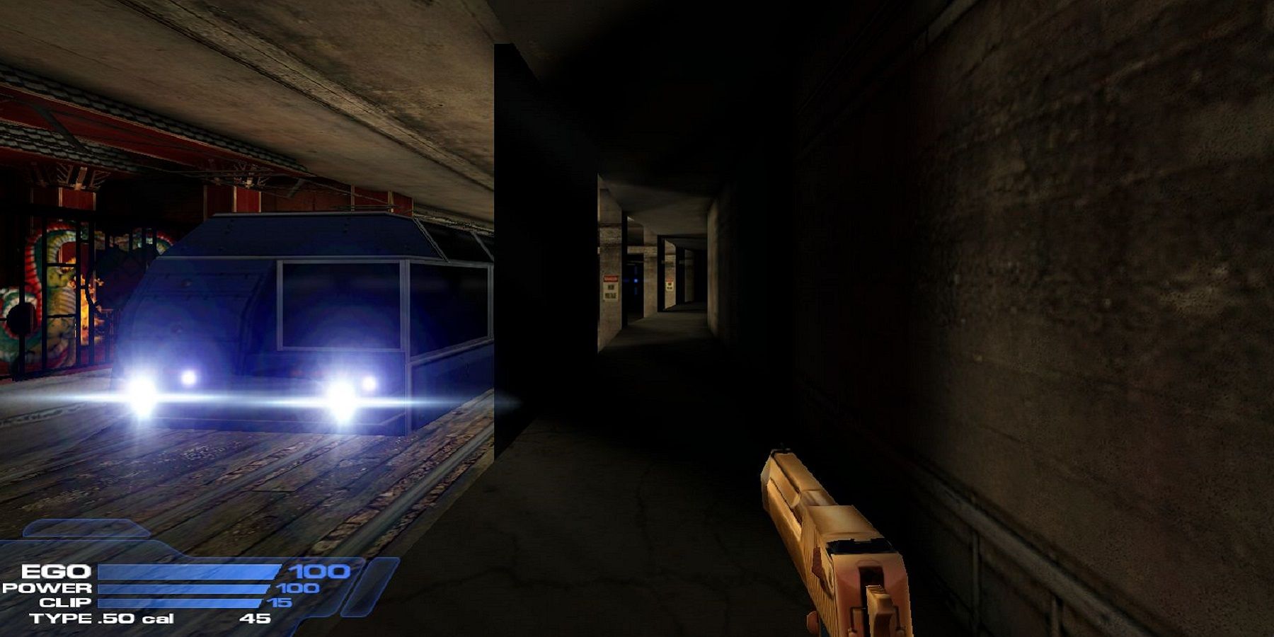 Image from 2001 build of Duke Nukem Forever showing the player in an underground rail system.