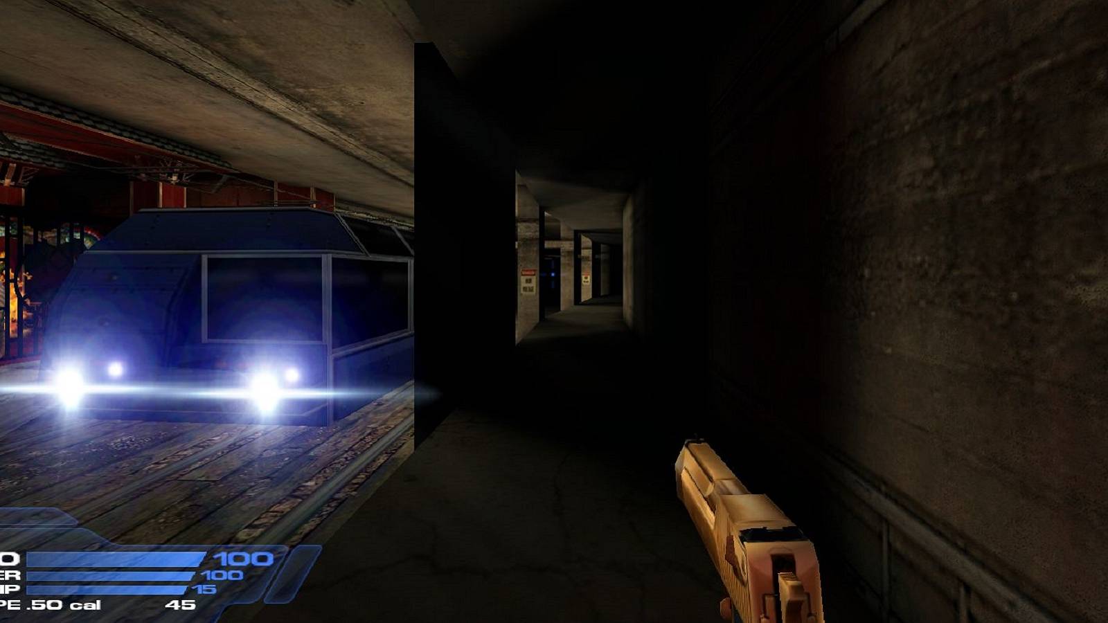 Image from 2001 build of Duke Nukem Forever showing the player in an underground rail system.