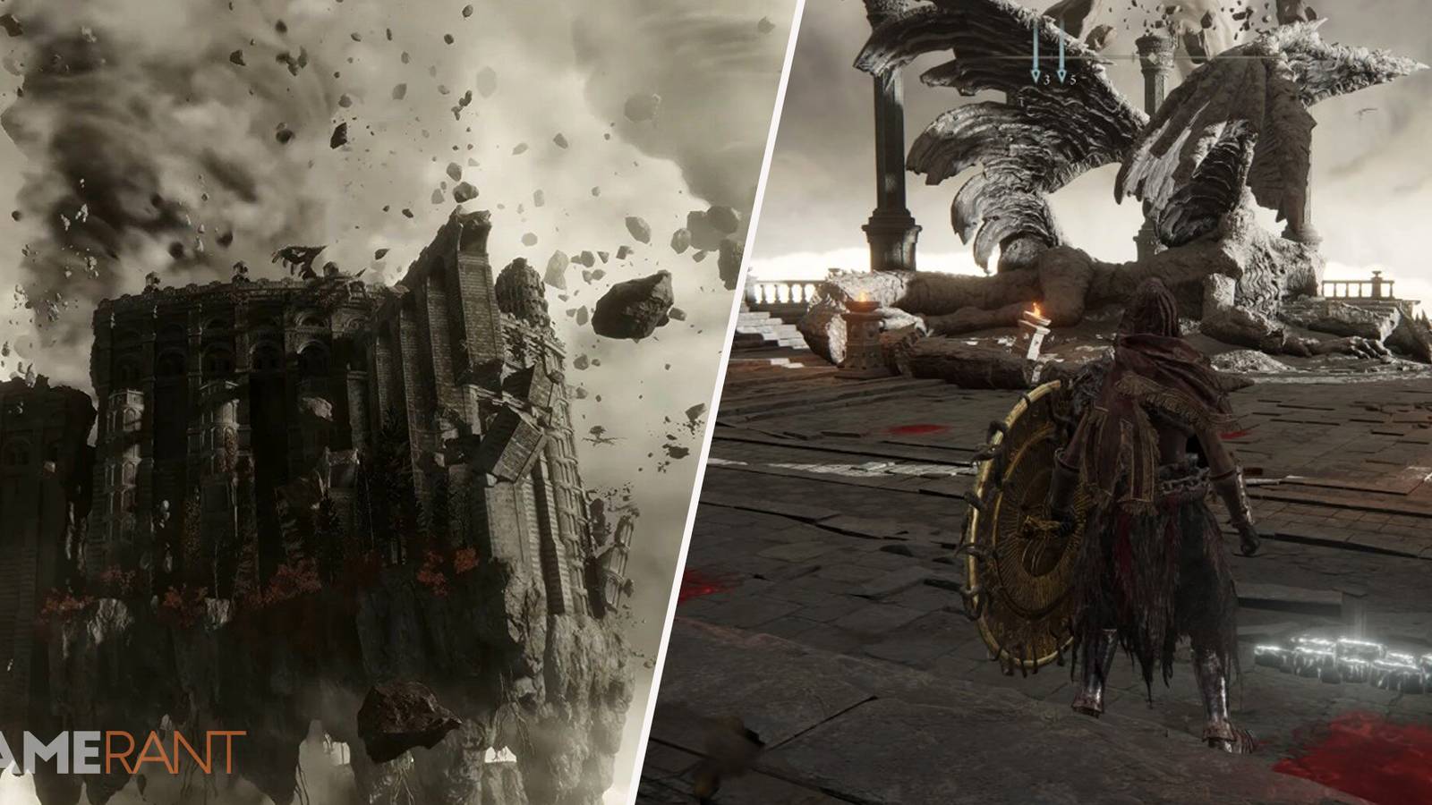 The Crumbling Farum Azula Legacy Dungeon in Elden Ring and a screenshot of the Farum Azula Dragon