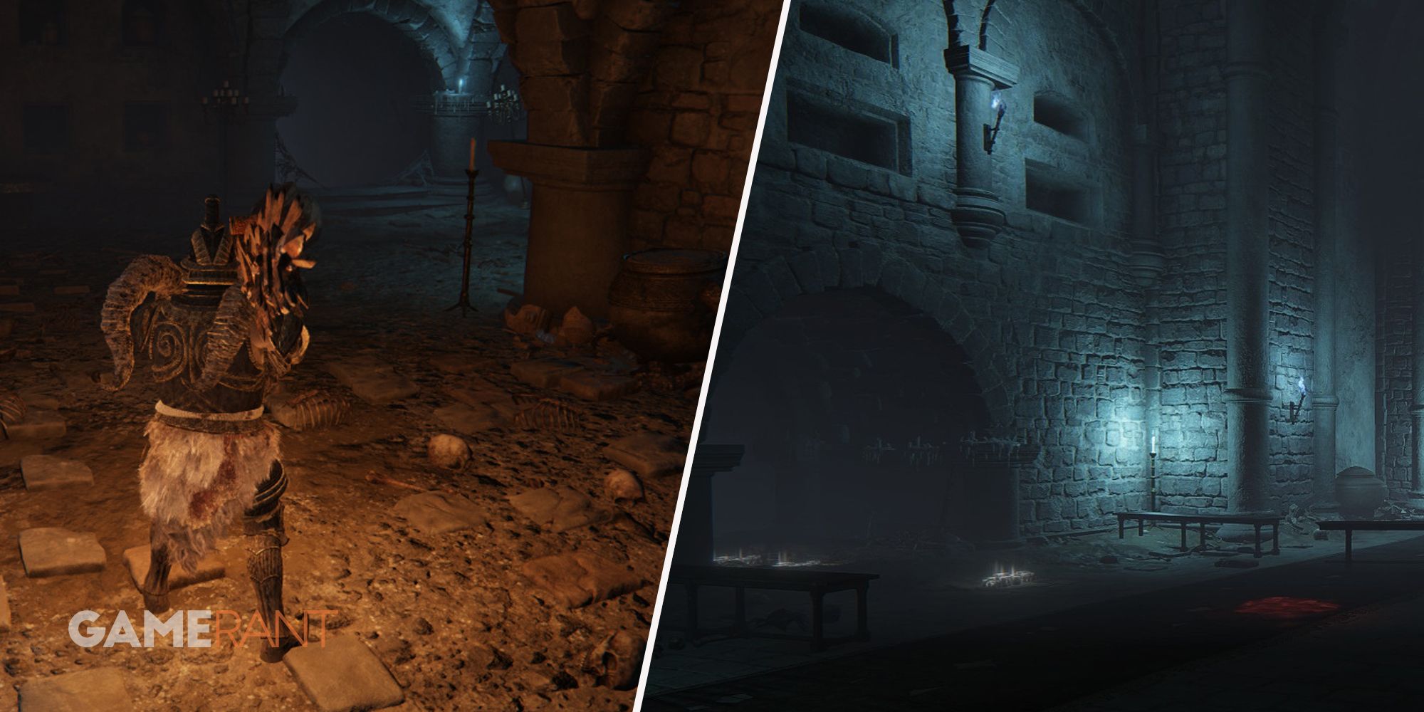 Elden Ring player about to enter the Auriza side tomb on left, Auriza Side Tomb location screenshot on right