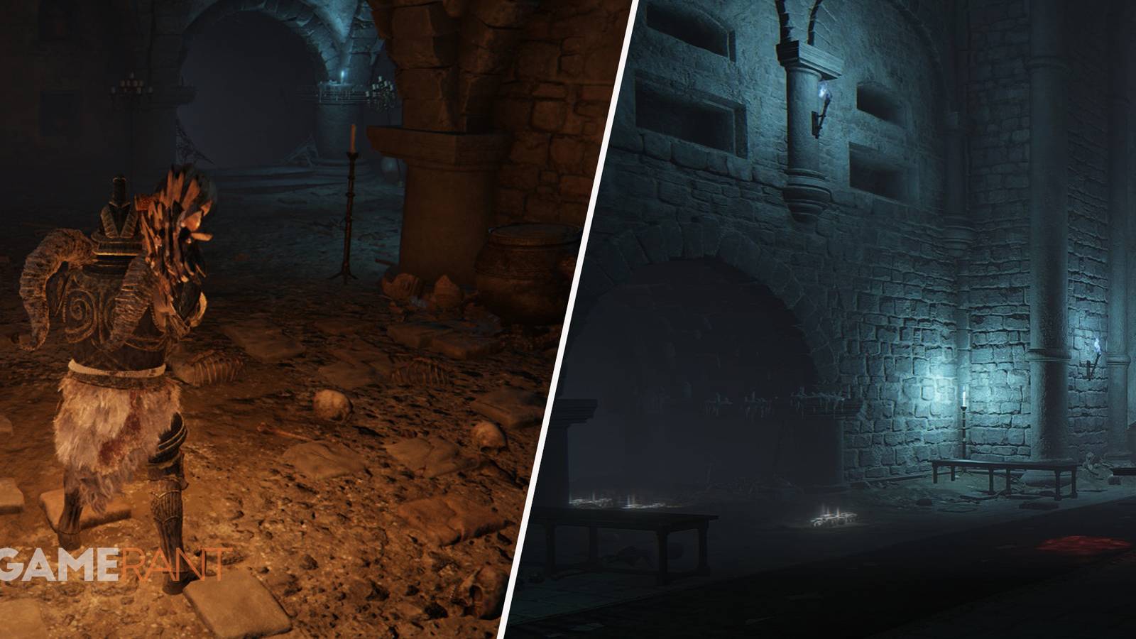Elden Ring player about to enter the Auriza side tomb on left, Auriza Side Tomb location screenshot on right