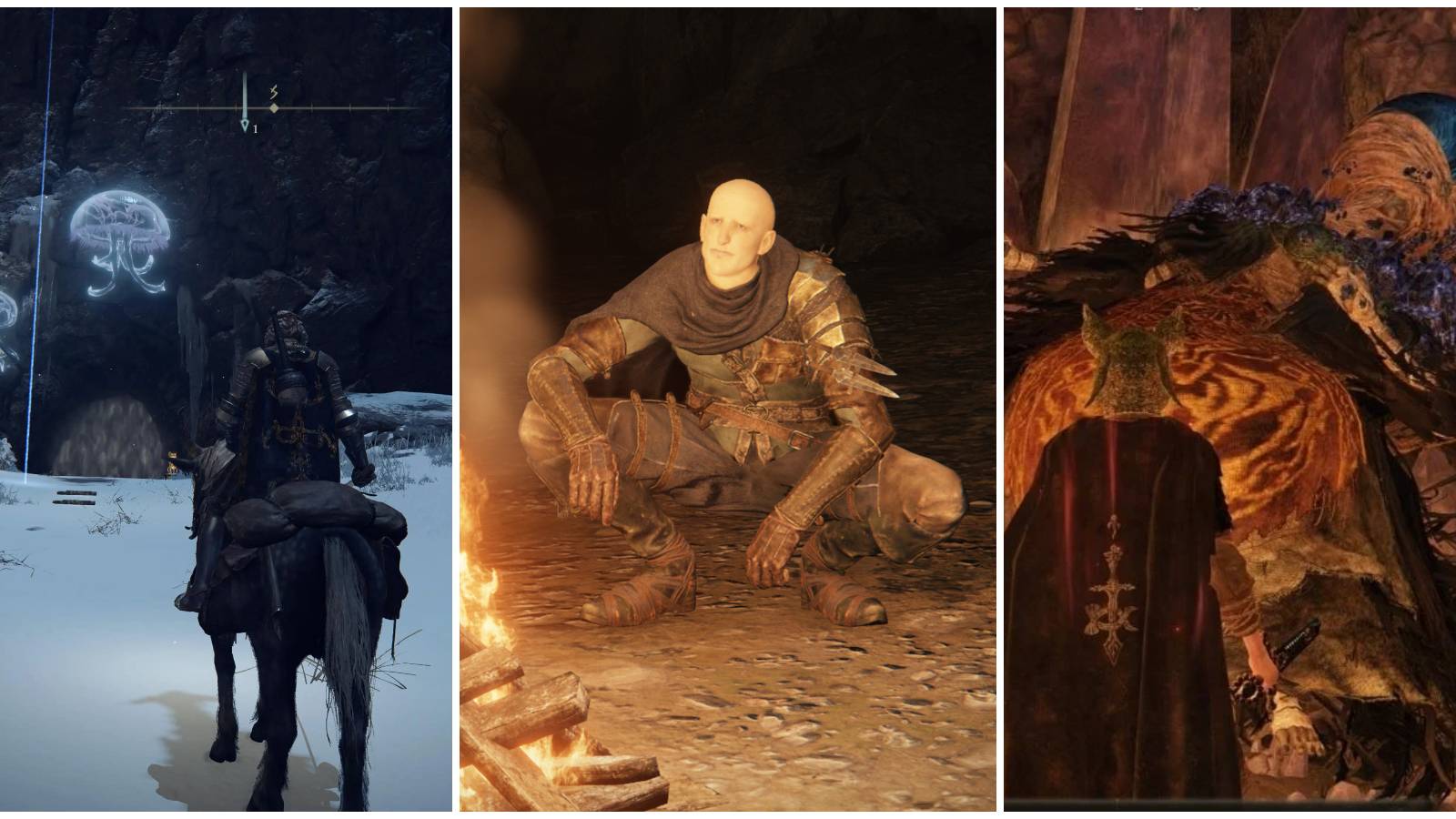 A split image of different caves and creatures in Elden Ring