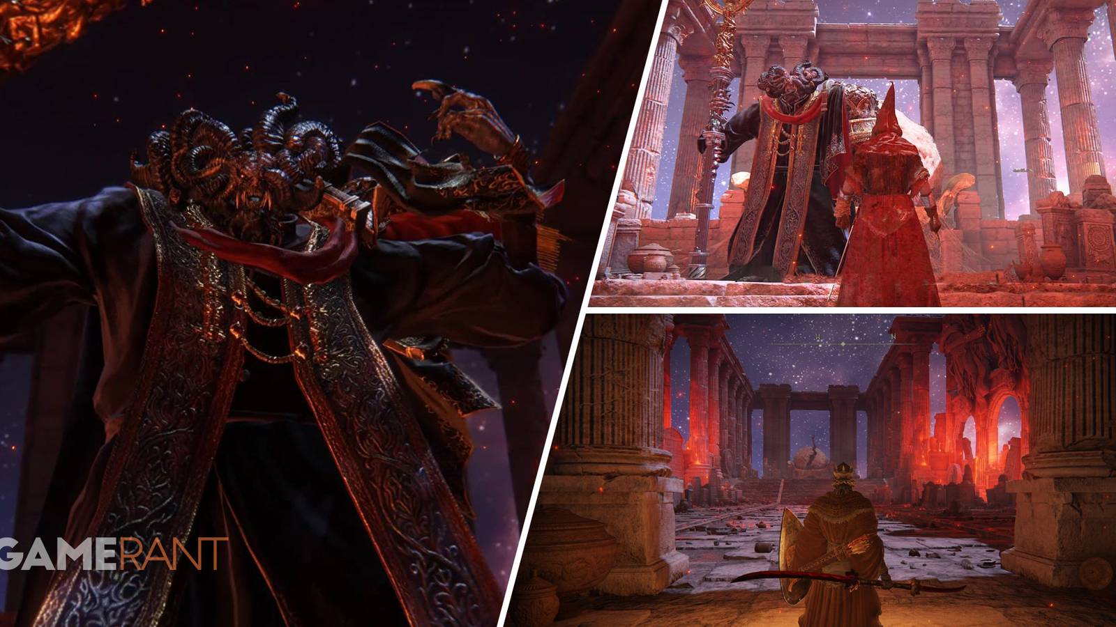 Elden Ring Mohg boss on left, screenshot from game on top left where character player is battling Mohg boss, and the location of Mohgwyn Palace inside the Siofra River where Mohg is found