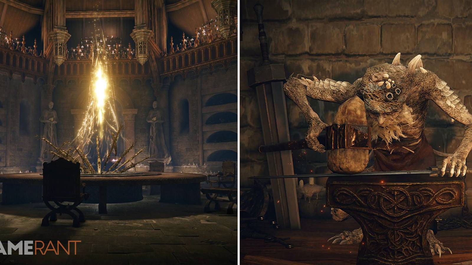 Elden Ring Roundtable Hold location on left, where Hewg is located and Hewg is shown on the right, working on as a blacksmith