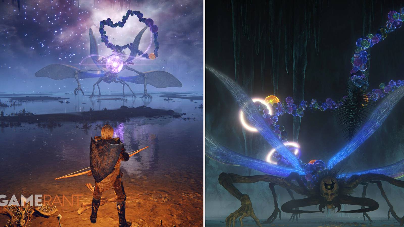 Elden Ring player looking toward Astel on left, Astel Naturalborn of the Void on right