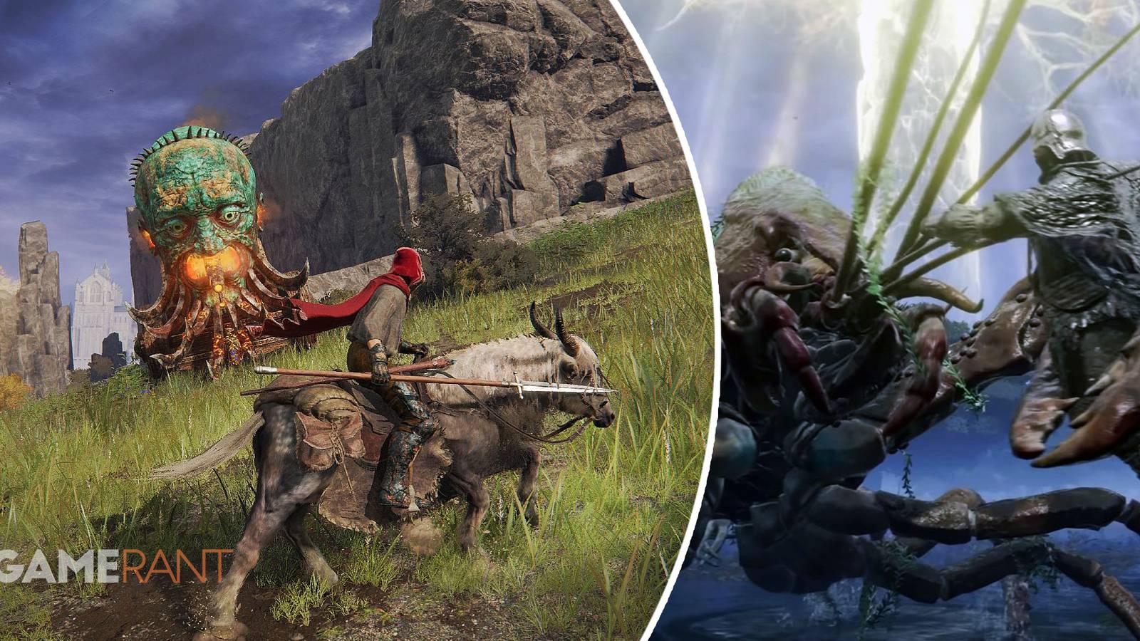 Elden Ring Flame Chariot attacks a player on left, Giant Lobster clamps onto a player on right