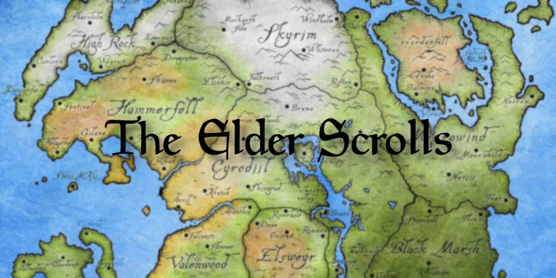 An image of the map of Tamriel with the Elder Scrolls logo in front of it.