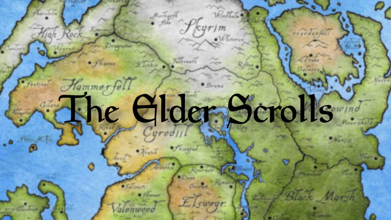An image of the map of Tamriel with the Elder Scrolls logo in front of it.