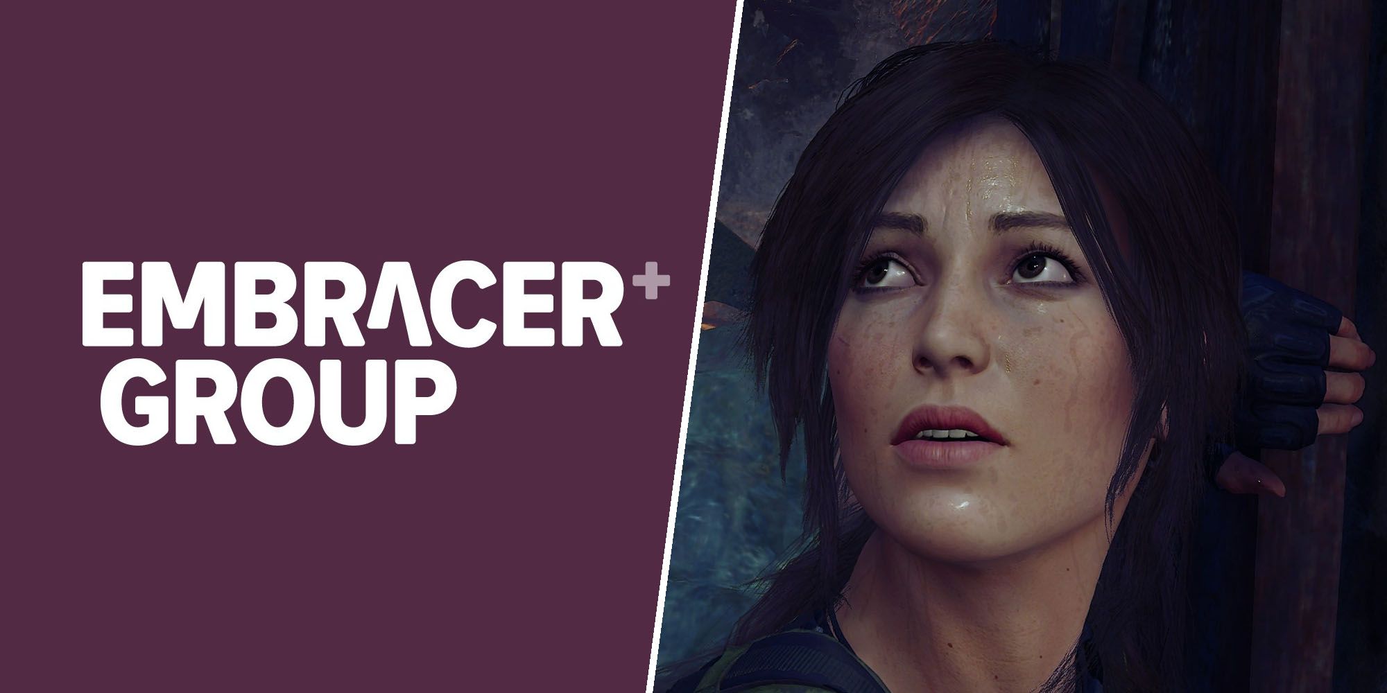 The Embracer Group logo and Lara Croft from Crystal Dynamics' Tomb Raider games