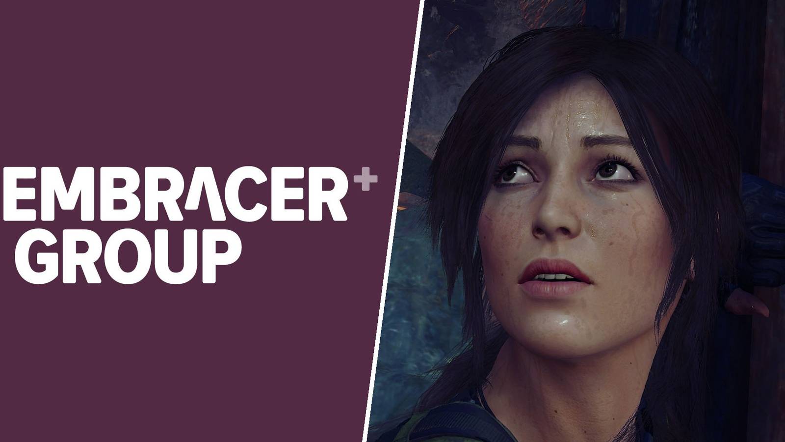 The Embracer Group logo and Lara Croft from Crystal Dynamics' Tomb Raider games