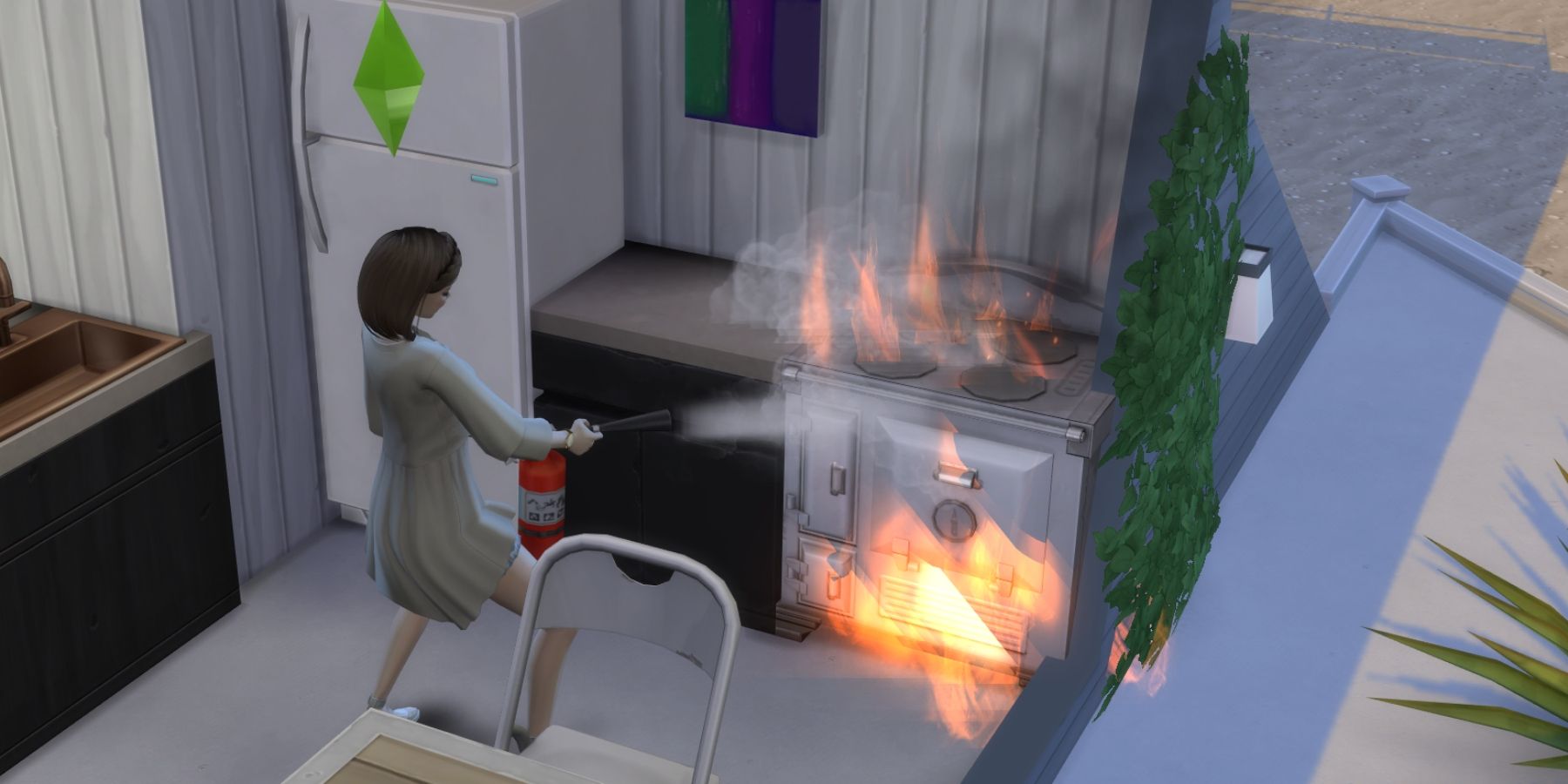 female sim extinguishing a stove in the sims 4