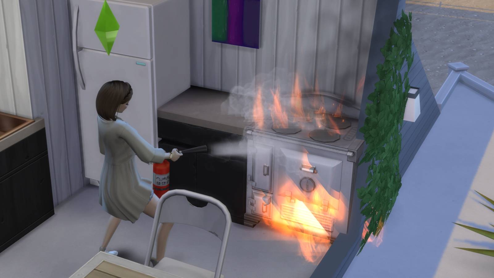 female sim extinguishing a stove in the sims 4