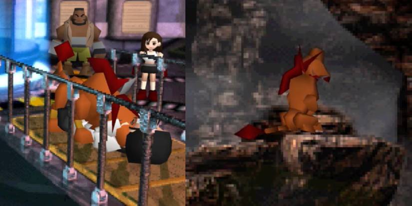 In the left image, the lion-like Red 13 attacks the evil scientist Hojo. In the right image, Red 13 howls at the moon.