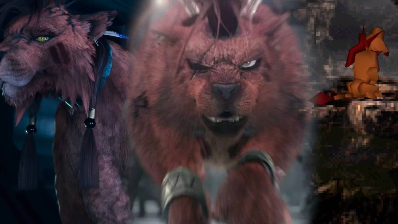 Red XIII, a red, lion-like character from Final Fantasy 7, appears in three different photos: in the lef picture he's seen from the side, in the middle picture he's seen head-on, and in the right picture he's seen howling at the moon.