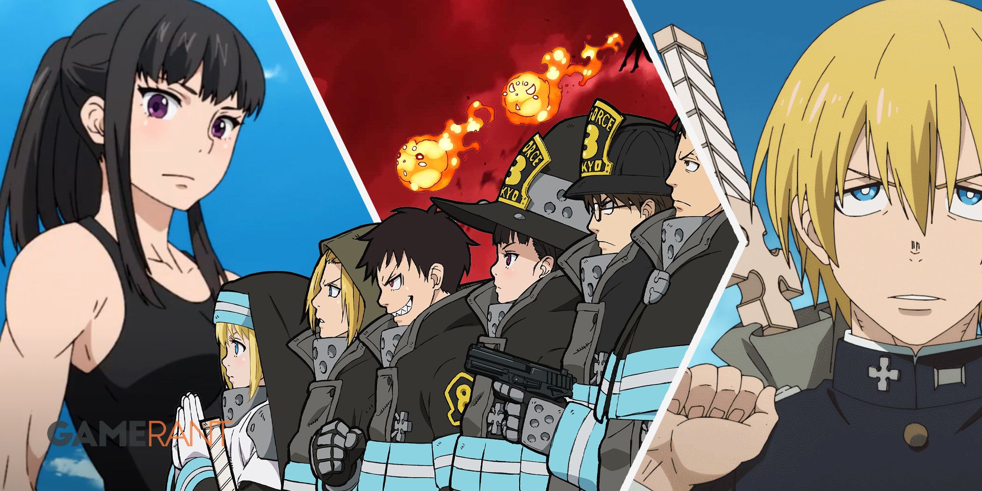 Fire Force Maki on left, Fire Force Company 8 characters in middle, Arthur on right