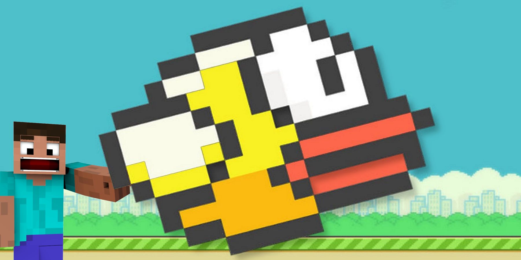 Image of the bird from Flappy Bird with Minecraft Steve to the side pointing at it.