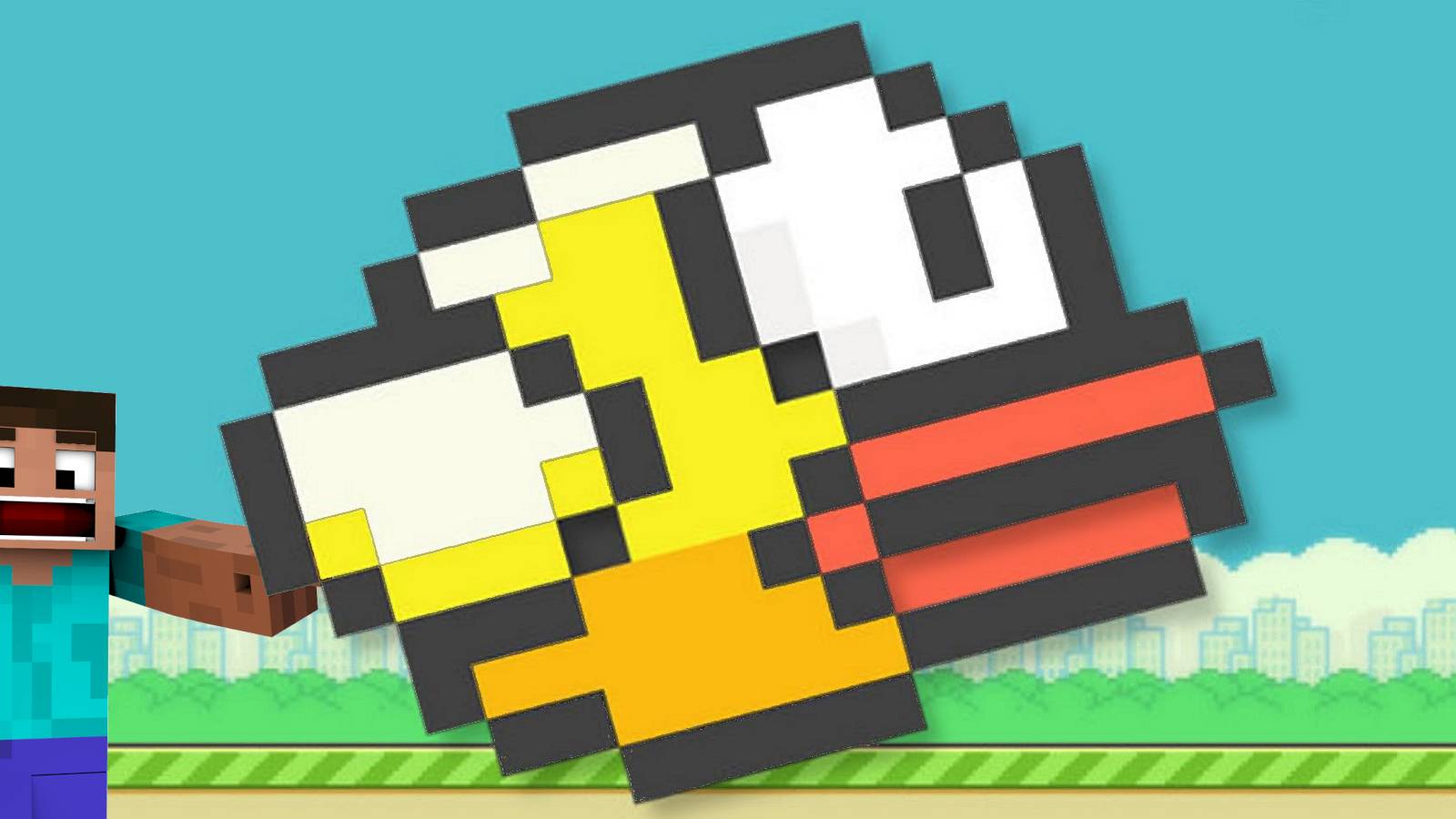 Image of the bird from Flappy Bird with Minecraft Steve to the side pointing at it.