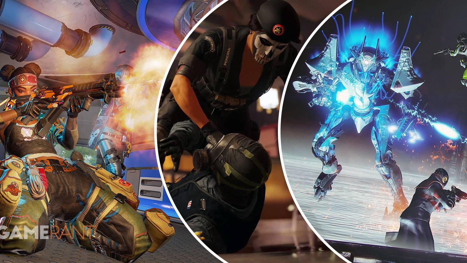 Lifeline shooting from Apex Legends on left, Rainbow Six Siege silent kill in middle, Destiny 2 players battle in a raid on right