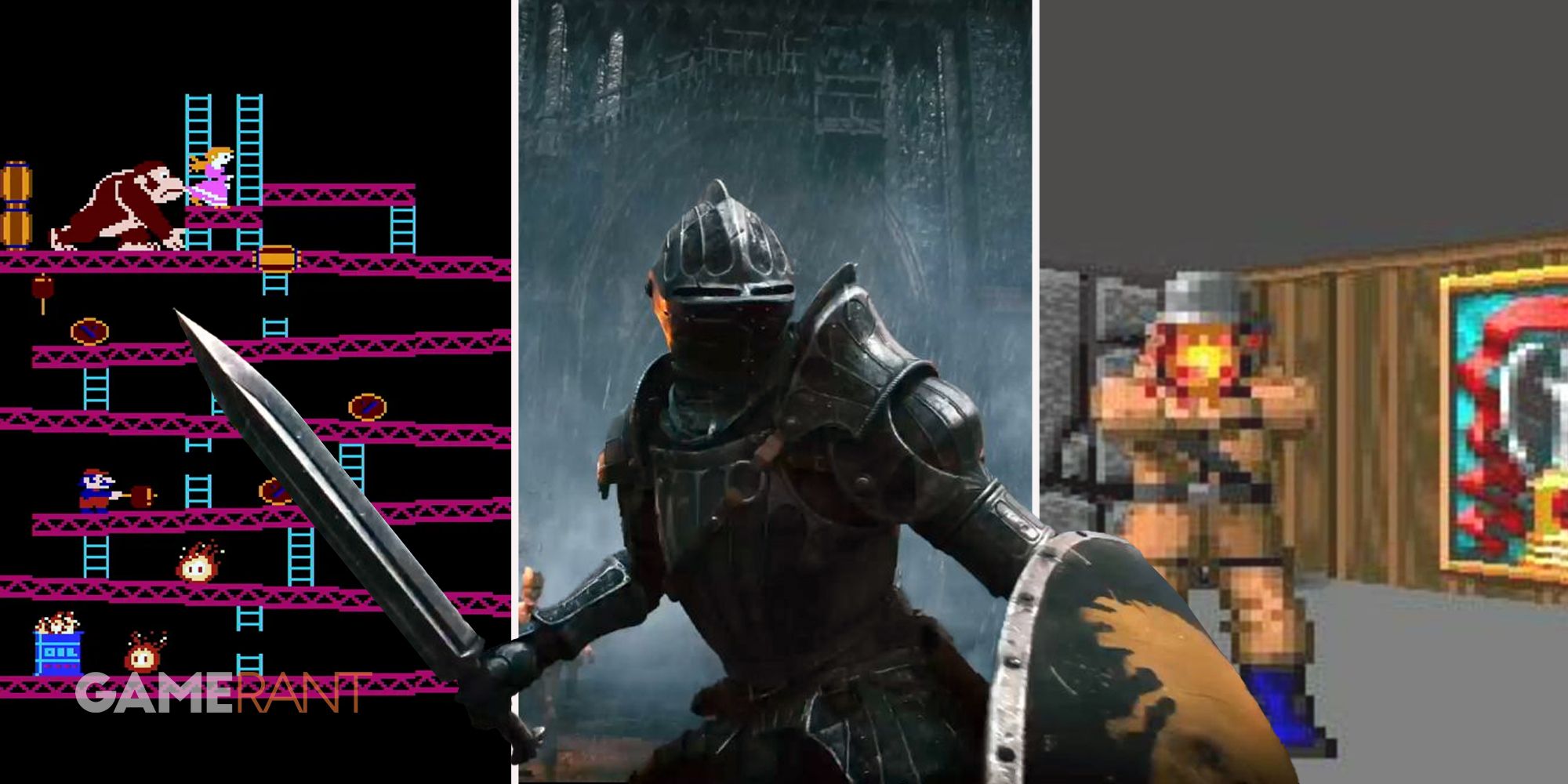 Donkey Kong classic arcade game on left, Demon's Souls character readying for battle in middle, Wolfenstein 3D player getting shot at on right