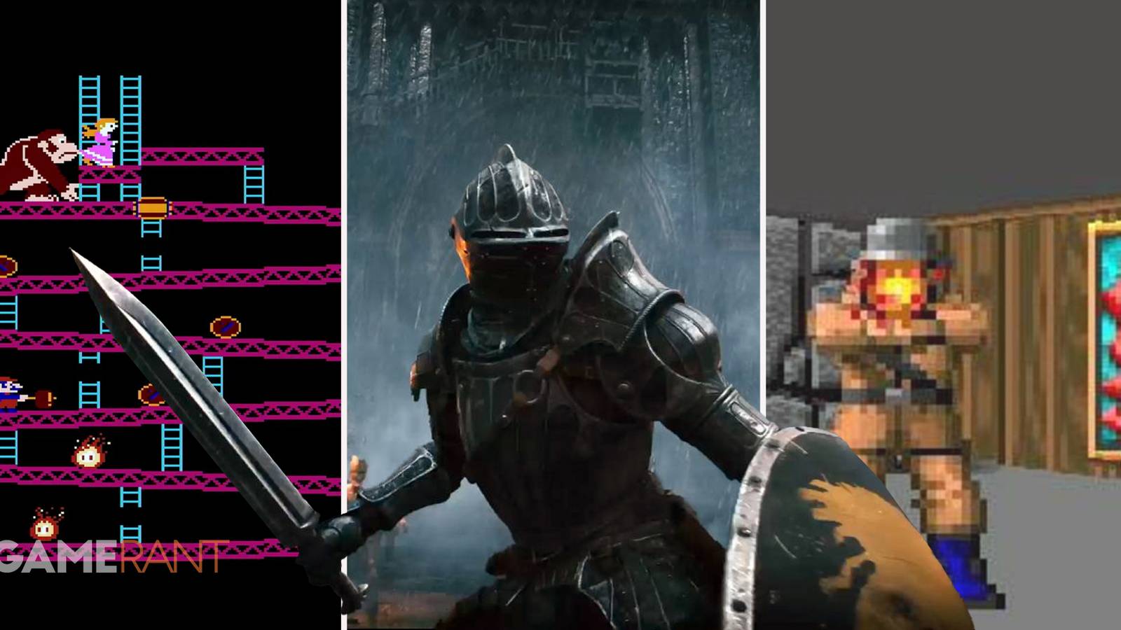 Donkey Kong classic arcade game on left, Demon's Souls character readying for battle in middle, Wolfenstein 3D player getting shot at on right