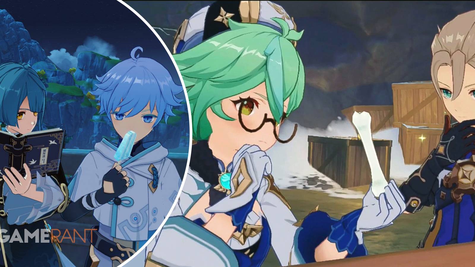 Chongyun + Xingqiu reading a book and eating a popsicle on left, Albedo + Sucrose looking at a bone on right