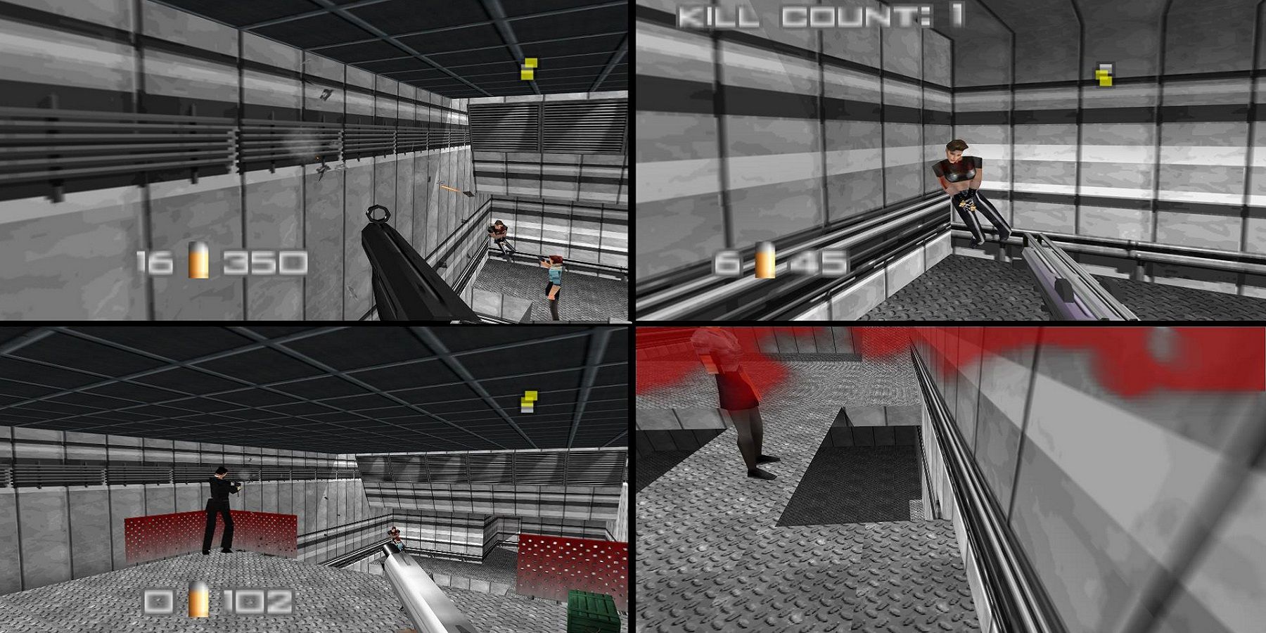 Screenshot from GoldeneEye 007 on the N64 showing four-screen multiplayer.