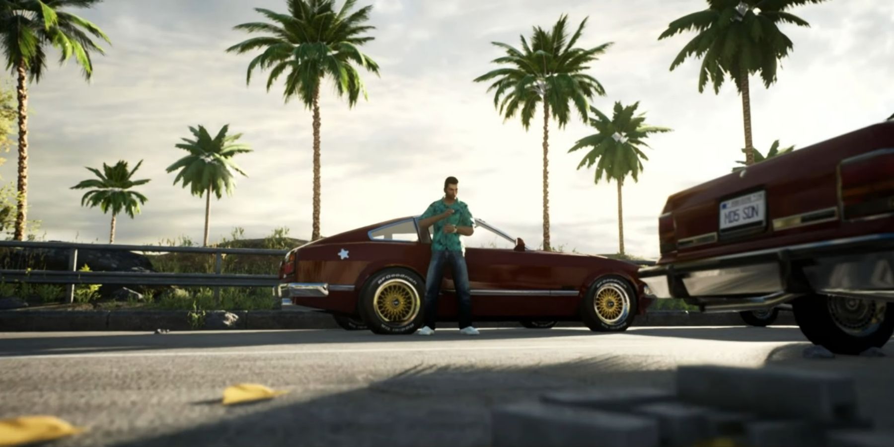 An image from an Unreal Engine 5 reimagining of Grand Theft Auto Vice City showing Tommy leaning against a car.