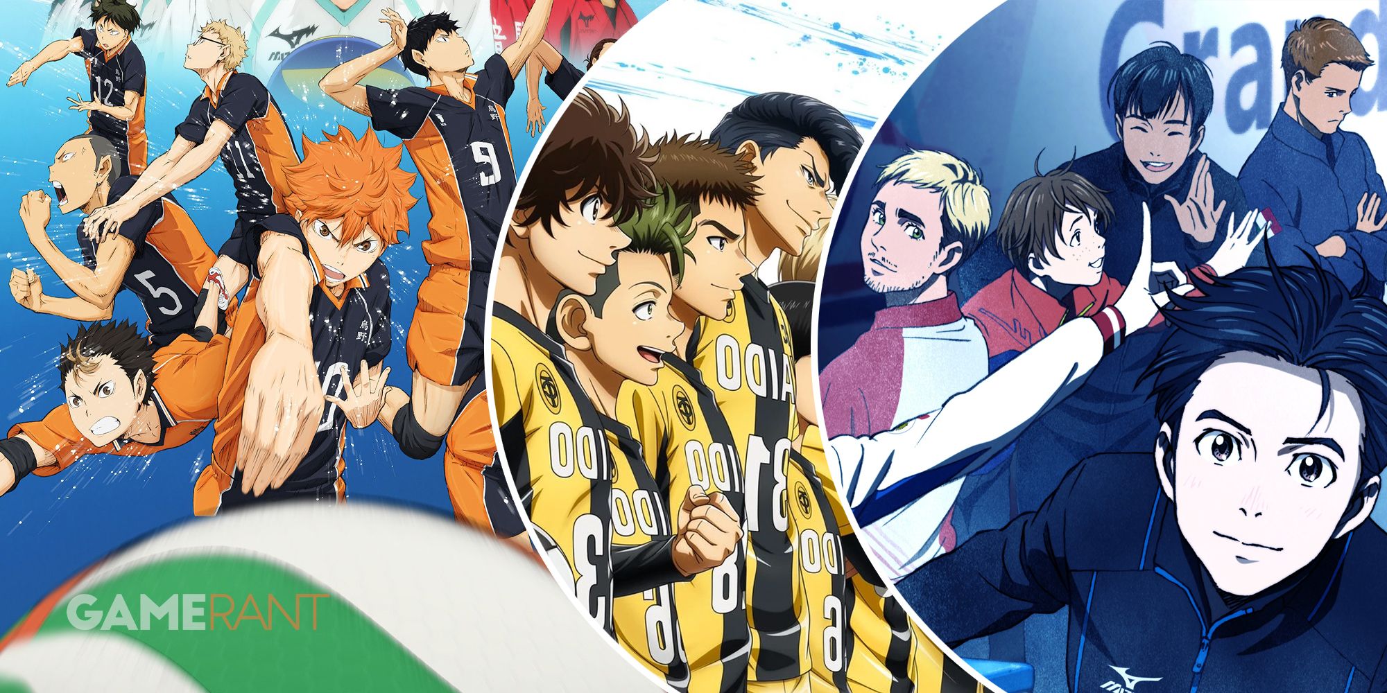 Haikyu!! characters in action on left, Aoashi soccer players posing in middle, Yuri!! On Ice cast of characters on right