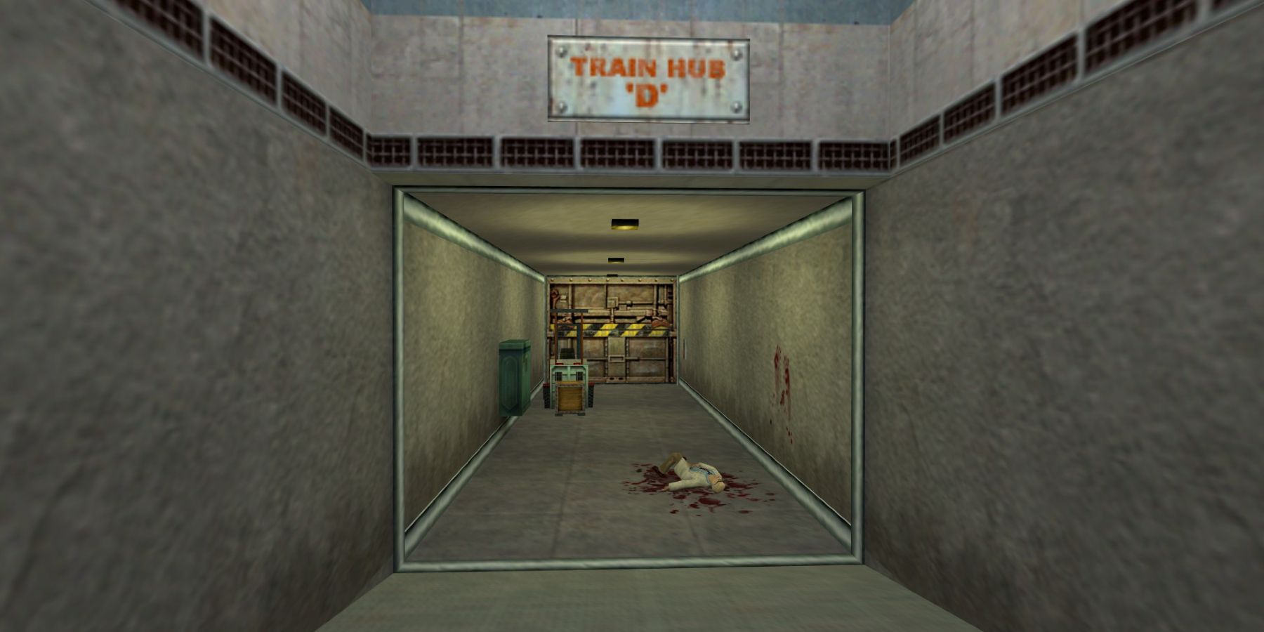 Image from an upcoming Half-Life mod showing a long hallway with a dead scientist.