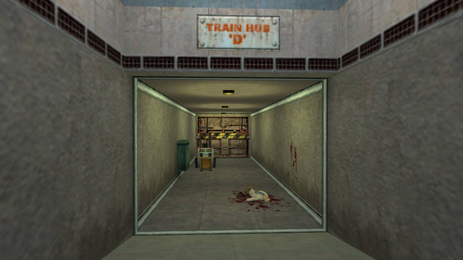 Image from an upcoming Half-Life mod showing a long hallway with a dead scientist.