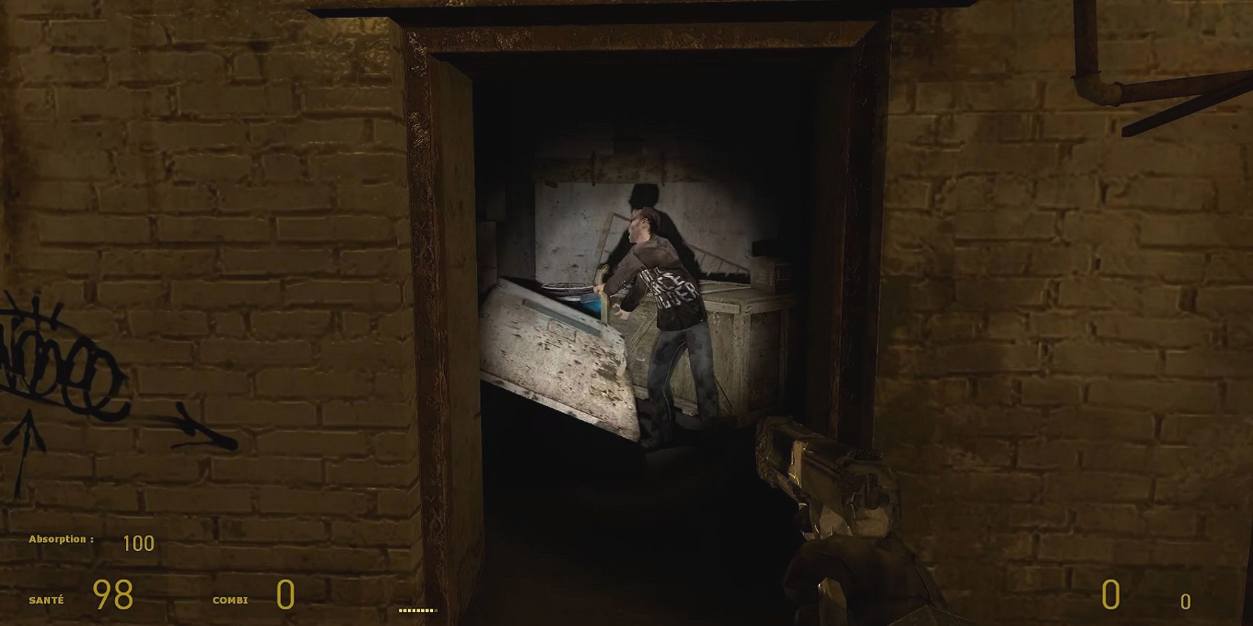 Image from canceled Half-Life game Ravenholm showing the player about to shoot a zombie.