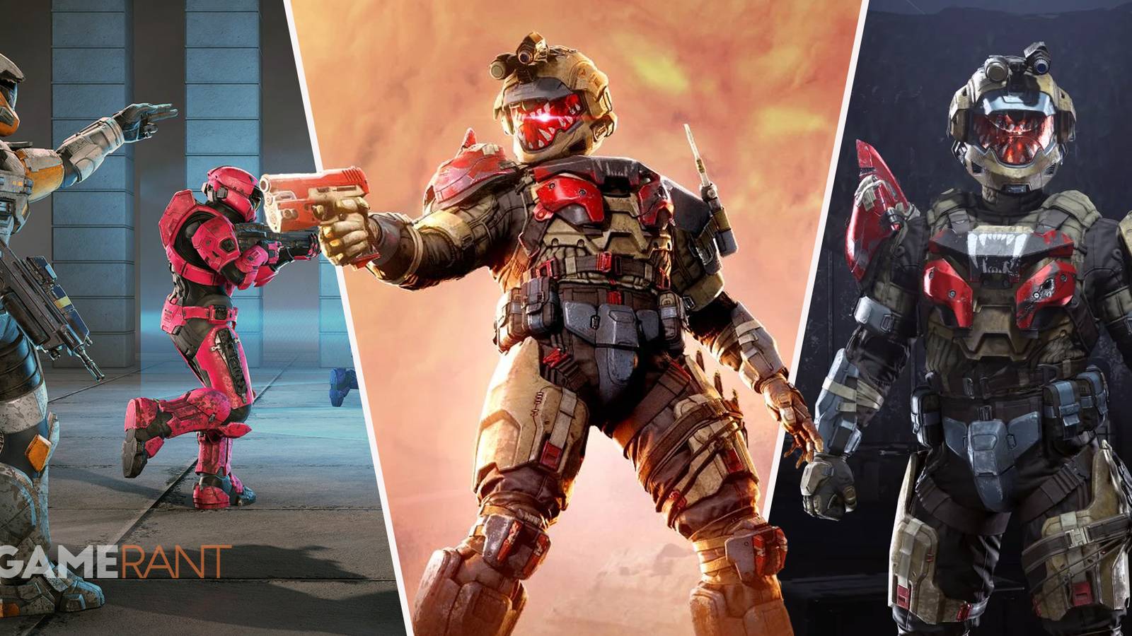 Halo Infinite players being directed on left, Halo Infinite player with gun in middle, Halo Infinite character on right