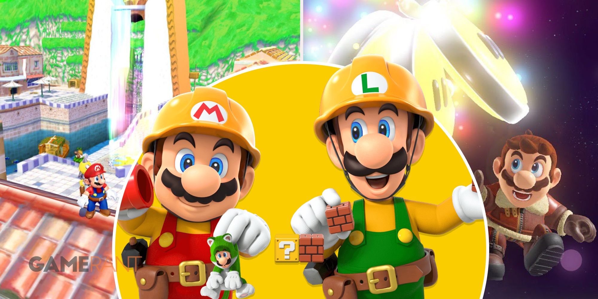 Марио в Delfino Plaza в Super Mario Sunshine слева, Марио и Луиджи в Super Mario Maker 2 посередине, Марио получает мульти-мун в Super Mario Odyssey справа