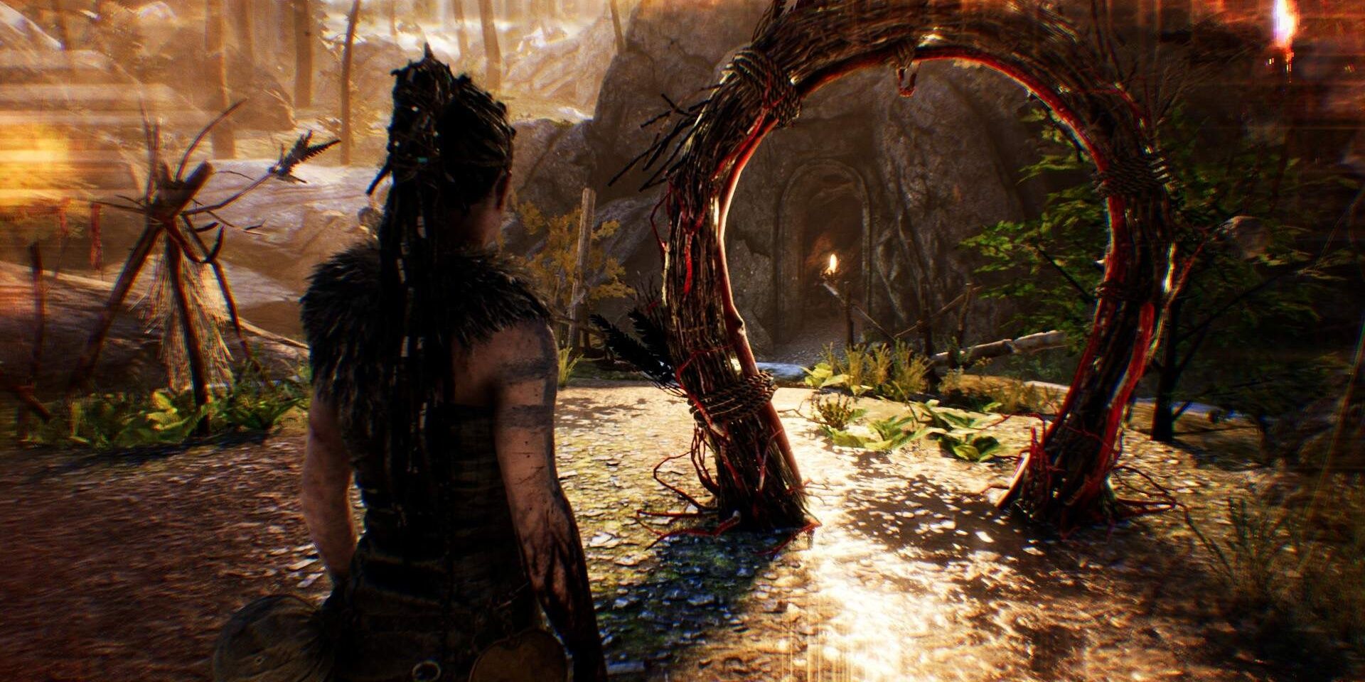 hellblade senua looking at a gate 