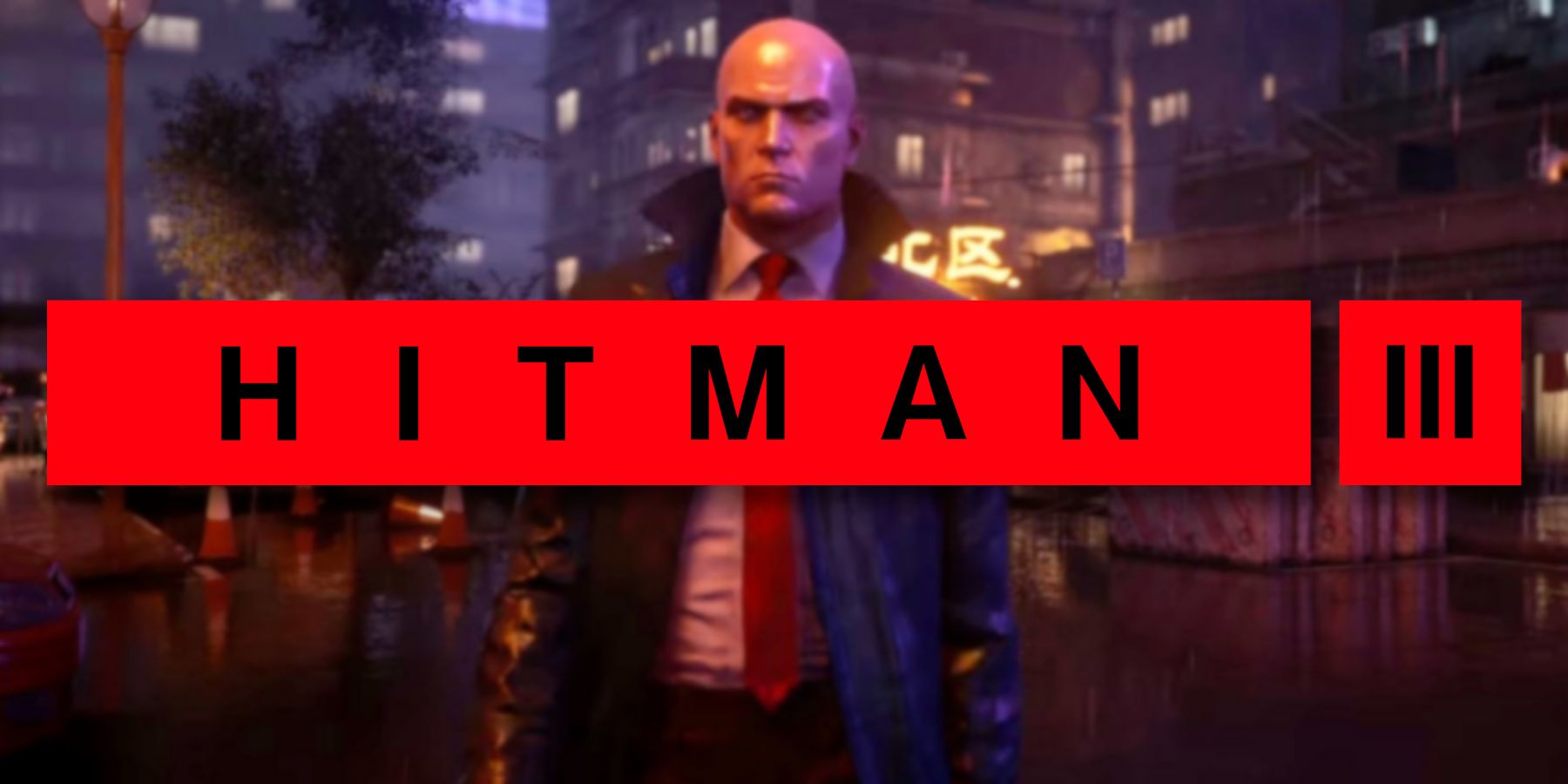 The Hitman 3 logo in bright red with Agent 47 in the background, waling in the rain.
