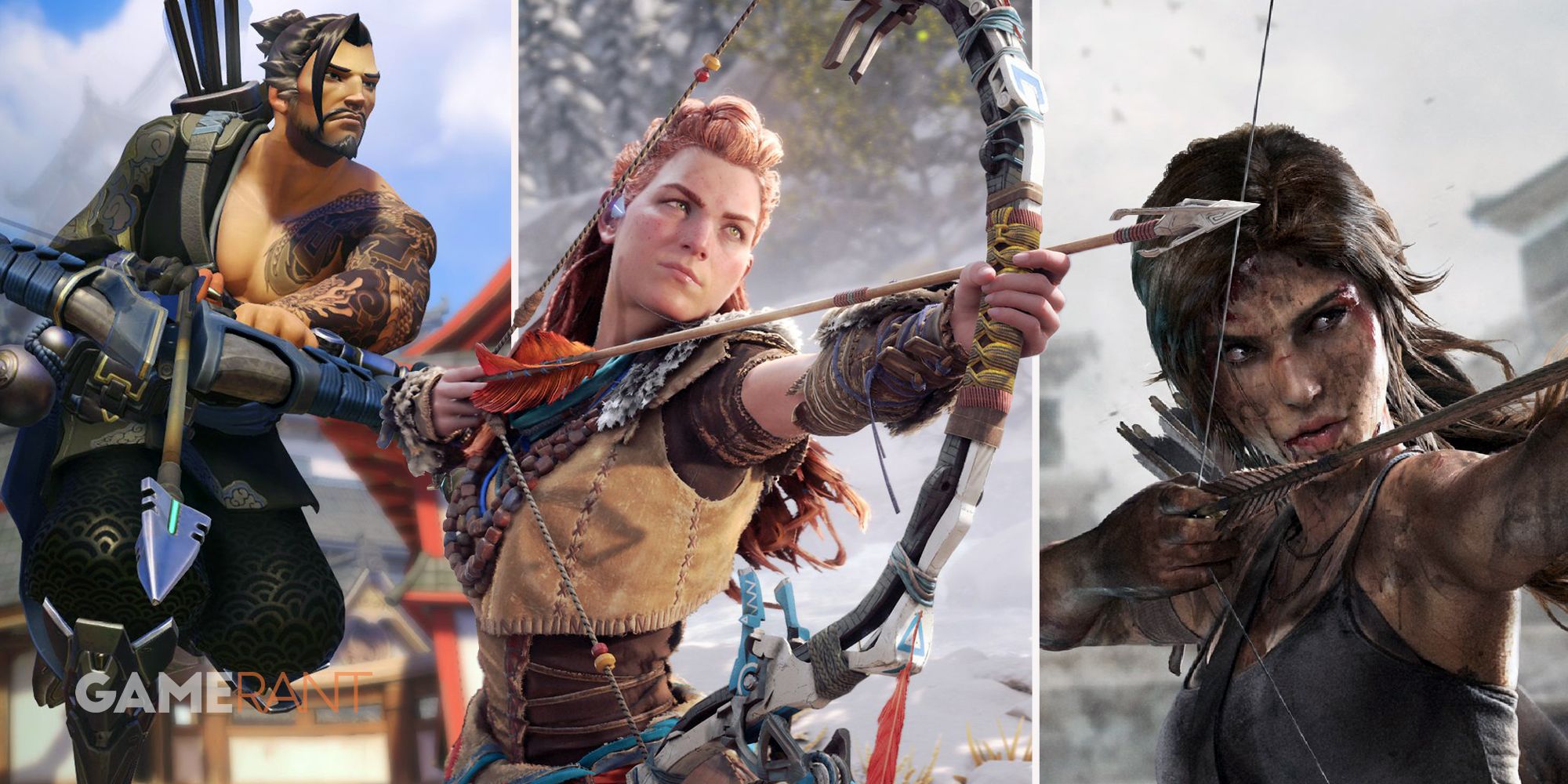 Hanzo from Overwatch jumping in the air with his bow and arrow in hand on left, Aloy from Horizon Forbidden West aiming her bow and arrow in middle, Lara Croft from Tomb Raider aiming her bow and arrow on right