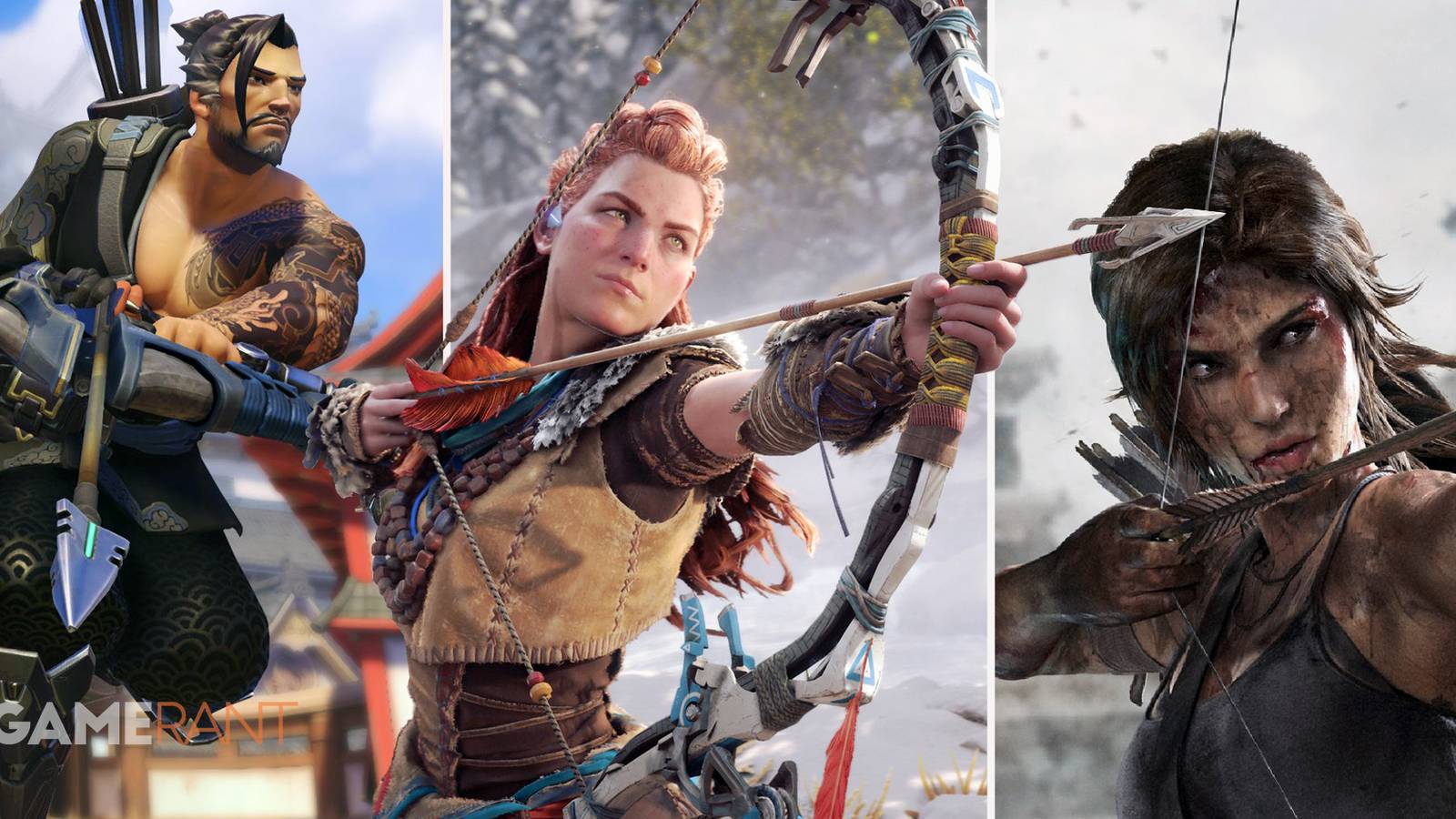 Hanzo from Overwatch jumping in the air with his bow and arrow in hand on left, Aloy from Horizon Forbidden West aiming her bow and arrow in middle, Lara Croft from Tomb Raider aiming her bow and arrow on right