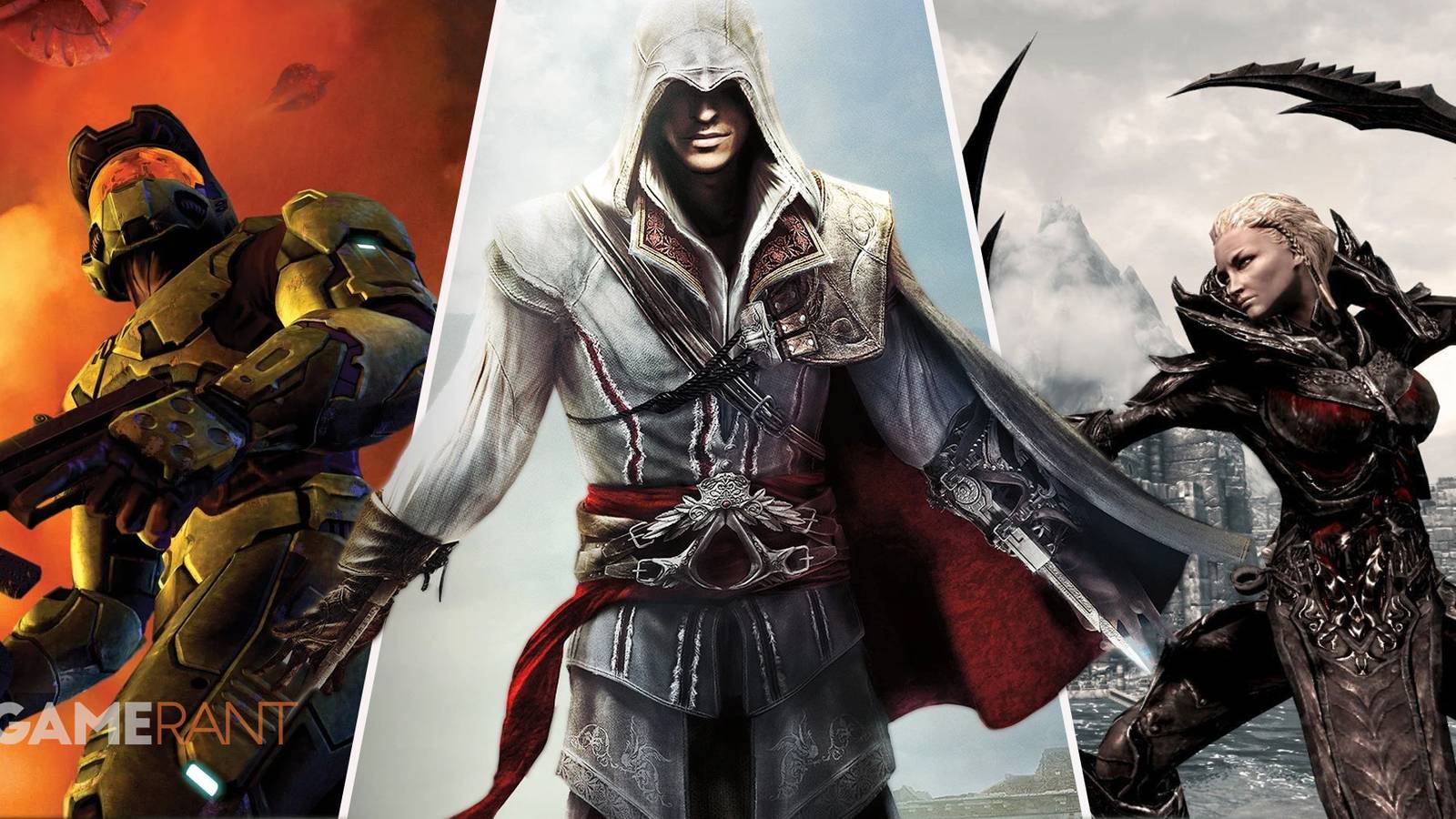 Master Chief from Halo 2 dual wielding guns on left, Ezio from Assassin's Creed dual wielding hidden blades, and player character from Skyrim dual wielding swords on right