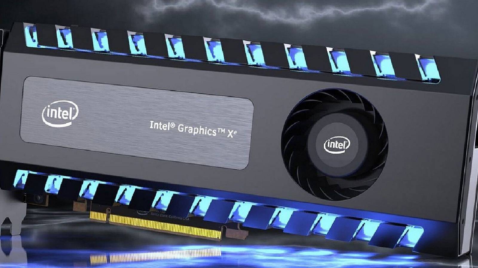 Image of an Intel graphic scard with a gray and blue look.