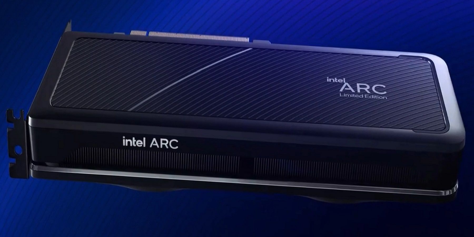 Image of an Intel Arc graphics card on a dark blue background.