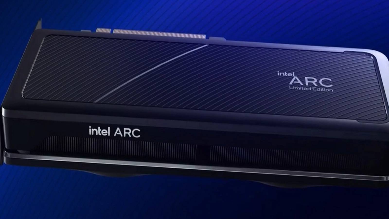 Image of an Intel Arc graphics card on a dark blue background.