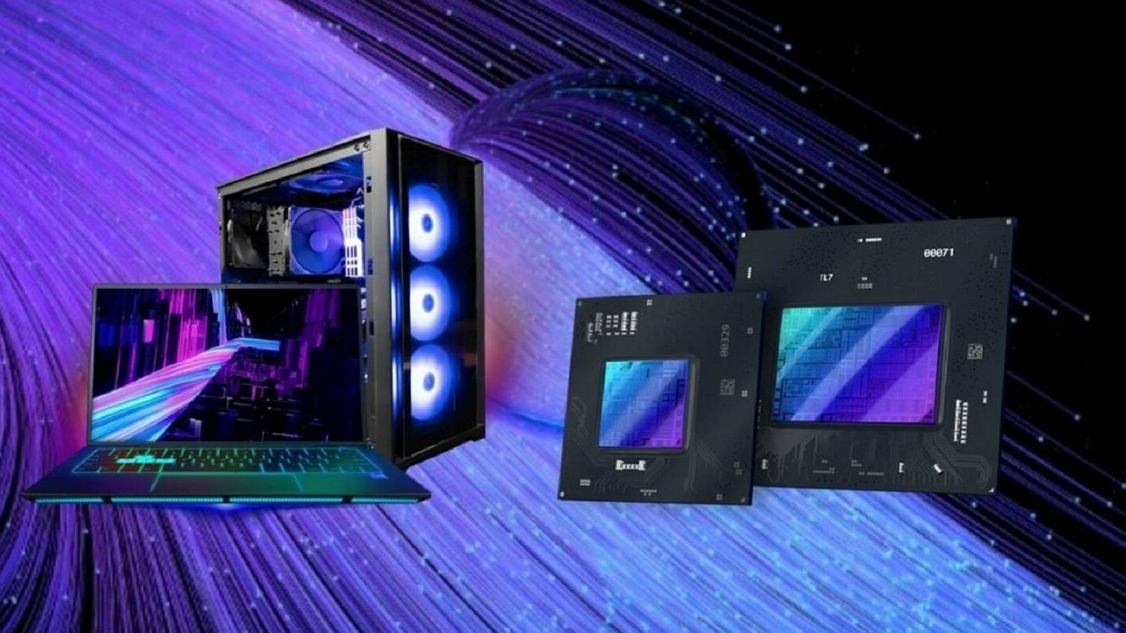 An image of a PC and laptop next to some Intel Arc GPU chips, all on a flashy purple background.