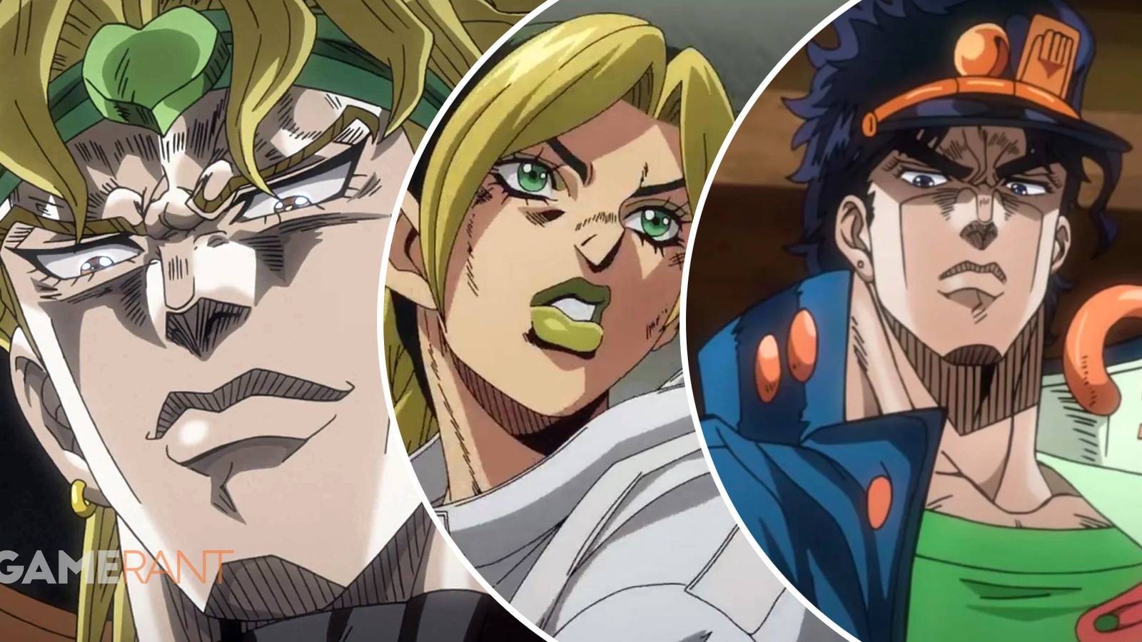 JoJo's Bizarre Adventure Dio Brando on left, Jolyne Cujoh in middle, Jotaro Kujo on right