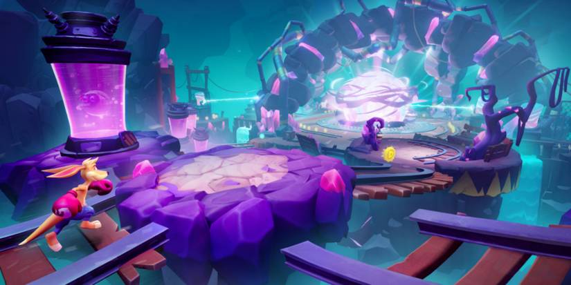 kao running across train tracks to get to a giant purple glowing orb