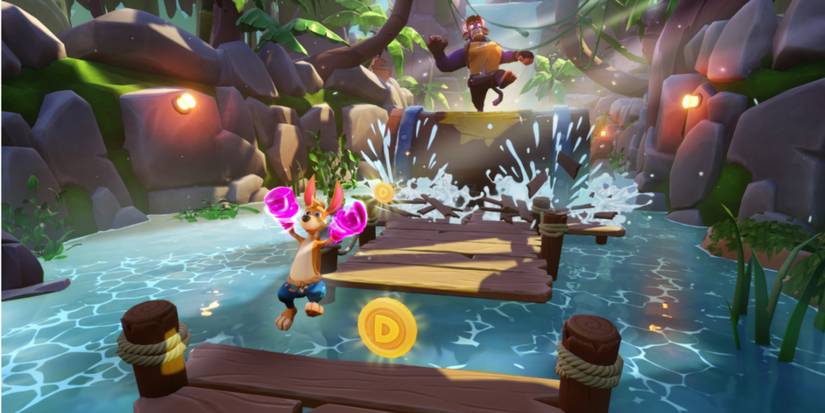 kao running from a large ape on a barrel in kao the kangaroo