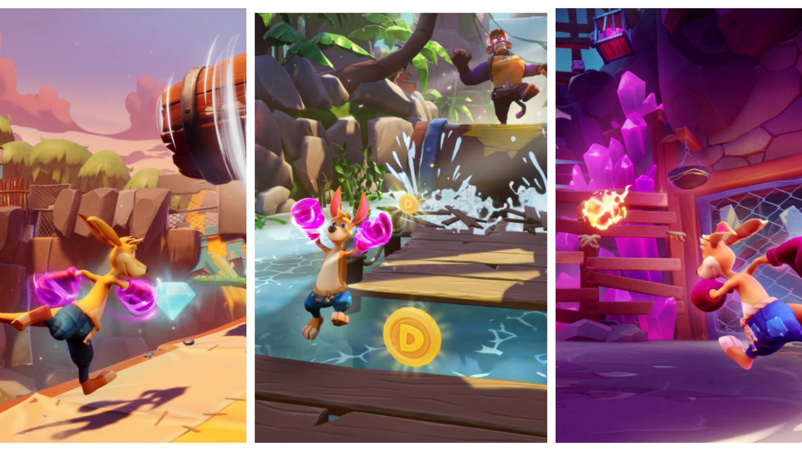 kao running up a ramp to get a gem, kao jumping over planks to avoid barrel, kao in a battle in kao the kangaroo featured