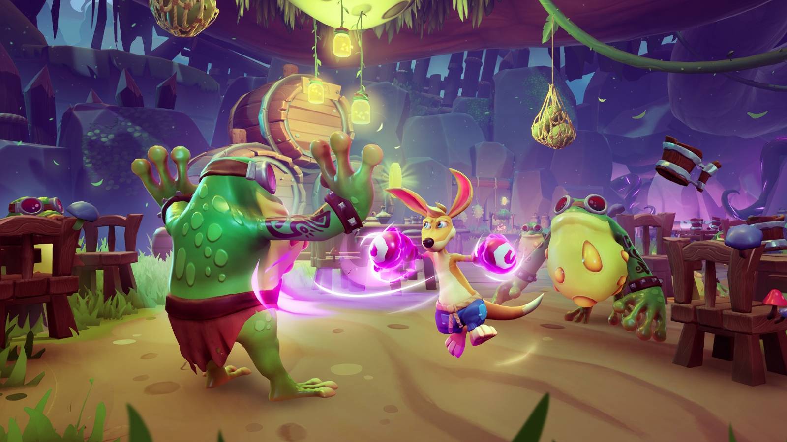 kao the kangaroo battling frogs in frog tavern area