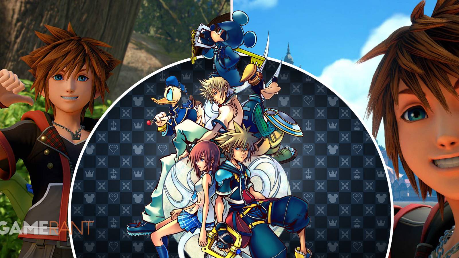 Kingdom Hearts Sora pointing to himself on left, Kingdom Hearts characters Sora, Mickey, Donald, Goofy in middle, Sora smiling on right